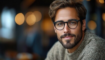 Download Relaxed Young Man with Black Glasses stock photo This image features a casual pose in a soft cotton sweater, perfect for lifestyle or fashion blog content The relaxed young man with black