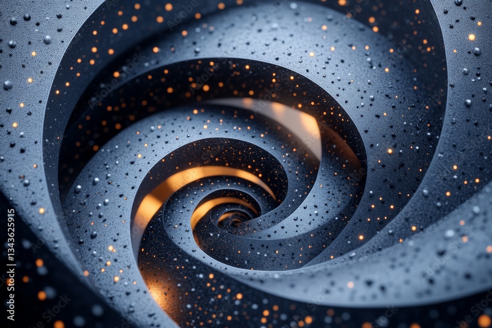 Poster Abstract spiral pattern with glowing dots and textured surface in a dark setting