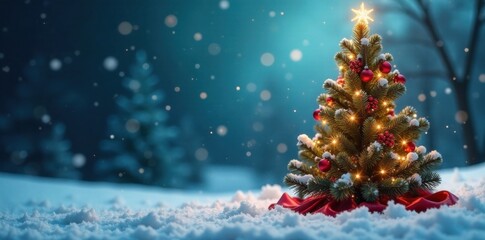 Obraz premium Festive winter scene with Christmas tree, holly, and snowflakes, ornaments, decorations