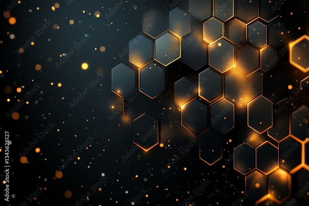 Aufkleber Abstract golden hexagonal pattern with glowing particles against a dark background