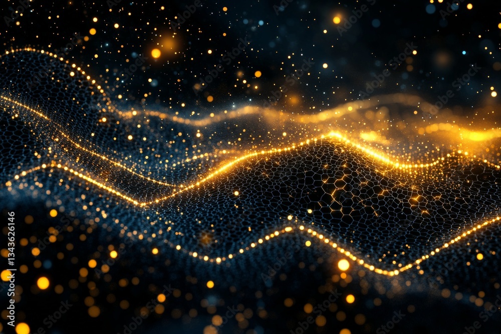 Poster Bright golden waves of light create an abstract landscape filled with shimmering particles against a dark background