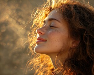 Embrace the ethereal beauty of a curly-haired woman in a dreamy portrait, bathed in the gentle embrace of soft bokeh and magical light Discover her captivating essence as sunlight dances on her skin