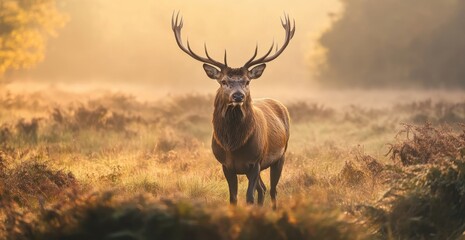 Majestic stag stands in misty sunrise field.