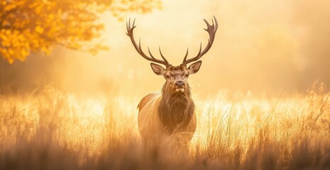Naklejka premium Majestic stag in a sunlit autumn meadow.