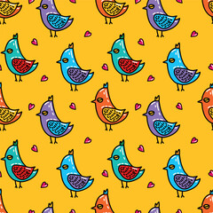 Bird, bright Mexican floral-botanical seamless pattern of turquoise, pink, orange, green, yellow flowers.