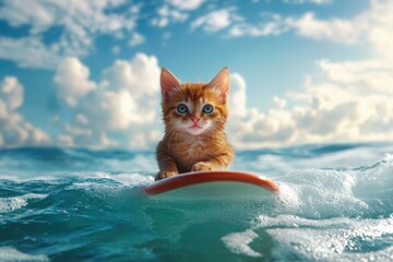 Fototapeta premium Adorable kitten surfing through gentle ocean waves.