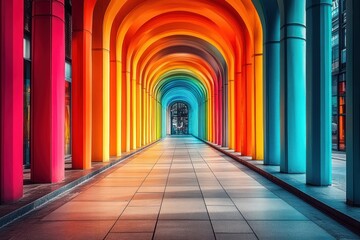 Colorful arched pathway, vibrant city, perspective, leading to unseen