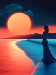 Minimalist artwork featuring solitary female silhouette wearing flowing dress, standing near ocean shoreline during golden sunset, embodying tranquility and natural elegance