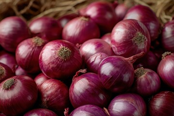 Close-up of fresh, vibrant red onions in a rustic setting.
