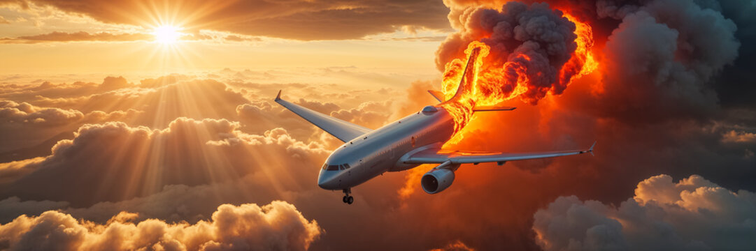 a burning passenger plane flies in the sky
