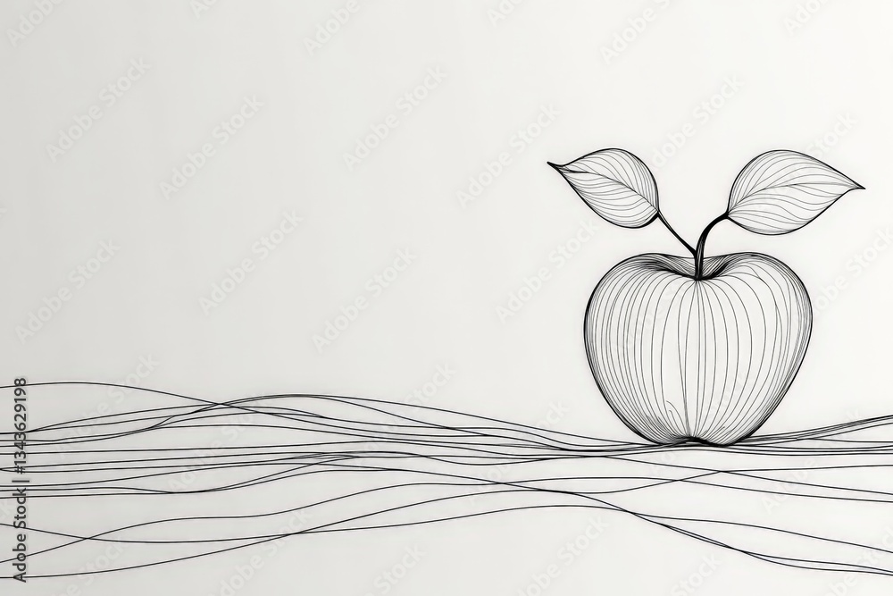 Poster intricate line art depicting an apple with leaves against a minimalist background showcasing creativ