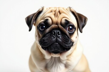 Playful pug looking directly at the camera, white background, playful, pet photography
