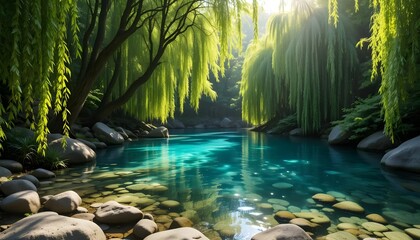 Serene Willow Trees by Clear River with Sunlight