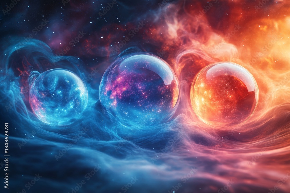 Leinwandbilder Colorful cosmic spheres create a mesmerizing visual display of galaxies and nebulae in a vast universe