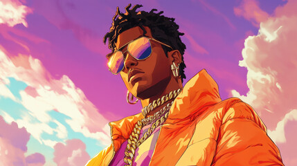 A bold and colorful 90s-style streetwear character with sunglasses, gold chains, and oversized jackets