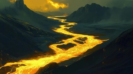 Glowing lava flows illuminate the rugged landscape at dusk near an active volcanic region with striking colors and contrasts