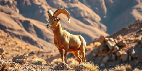 Majestic Desert Ram on Rocky Peak at Dawn's Golden Hour