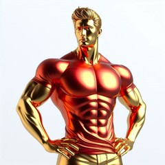 3d metallic gold strong handsome man with a red t-shirt Illustration on a white background