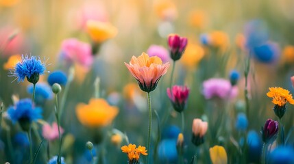 Obraz premium A colorful and vibrant field showing various blossoming wildflowers in nature