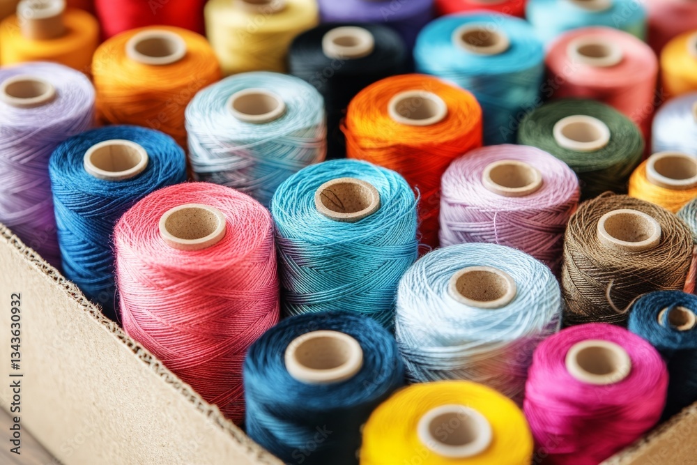 Poster colorful thread spools arranged neatly in a box showcasing a variety of shades and materials for sew