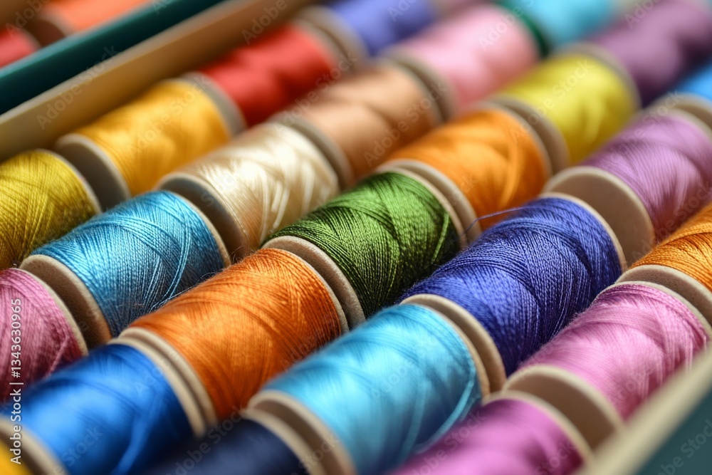 Poster colorful spools of sewing thread arranged neatly in a crafting box highlighting various shades and t