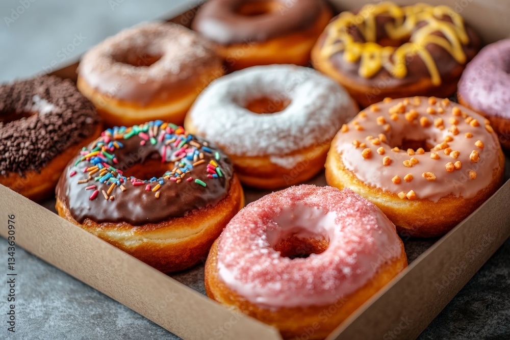 Poster Colorful assorted donuts in a box displayed on a textured surface in a bakery setting