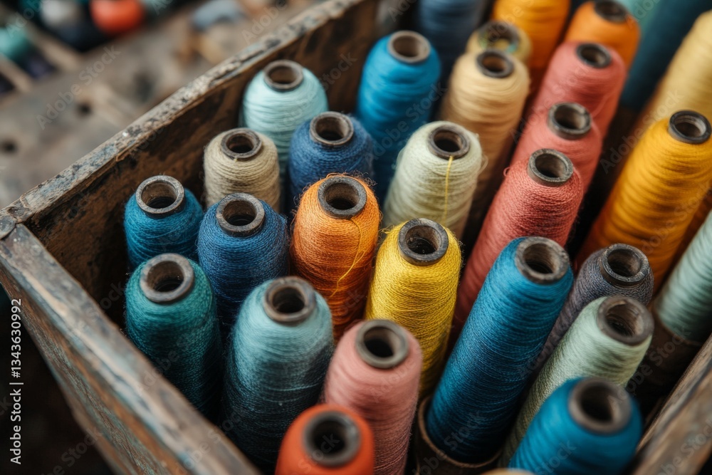 Poster colorful spools of thread arranged neatly in a wooden box, showcasing various hues and textures at a