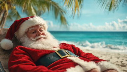 Obraz premium Relaxed santa lounging on tropical beach, wearing sunglasses and reclining under swaying palm trees during festive holiday getaway