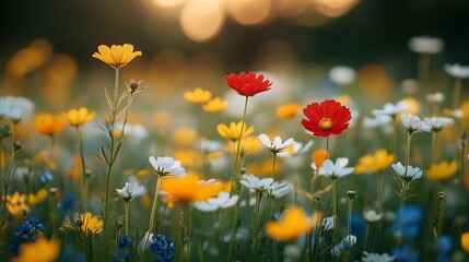 Naklejka premium A vibrant field of colorful wildflowers basking in sunlight