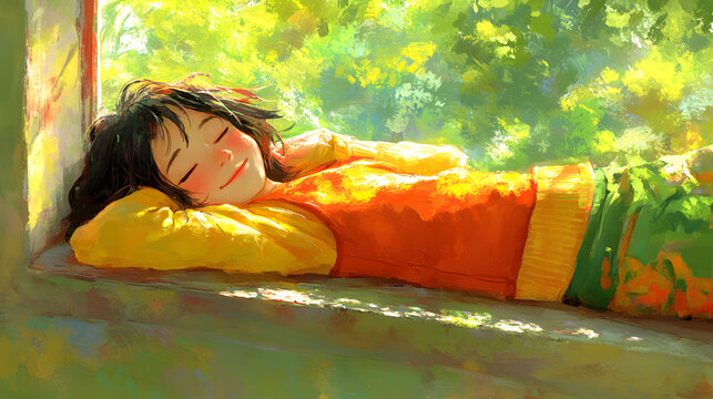 Woman relaxing on a window sill with a book, embracing self-satisfaction and enjoying the moment of solitude and peaceful reflection.