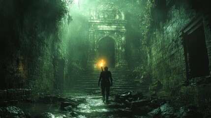 Obraz premium Explorer with torch enters ancient jungle temple ruins
