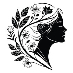 girl with flowers. Woman Hair Design with Nature Vector Silhouette. Woman Black Silhouette. Woman with Flower vector silhouette. Woman Day Silhouette. Mothers Day Silhouette.