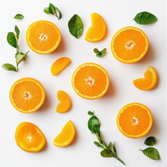 Fresh orange slices with green leaves on white background. Fresh orange slices and wedges arranged with green leaves on a white background, showcasing vibrant colors and citrus freshness.