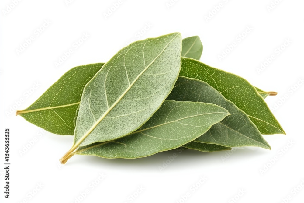 Poster bay leaves arranged on a white background showcasing their vibrant green color and unique texture pr