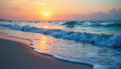Gentle ocean waves on a serene beach at sunset with soft gradient colors and smooth textures, peaceful, gradient
