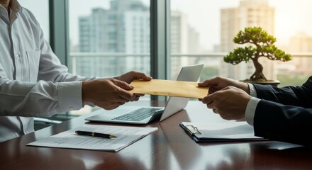 Two Businessmen Exchange A Brown Envelope In A Modern Office Setting With City