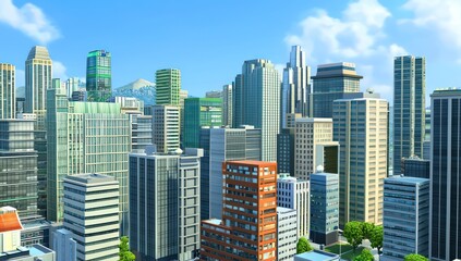 Fototapeta premium Modern cityscape in 3D, depicted through cartoon skyscrapers for urban themes.