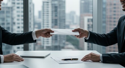 Two Professionals Exchange an Envelope During a Meeting in a Modern Office with