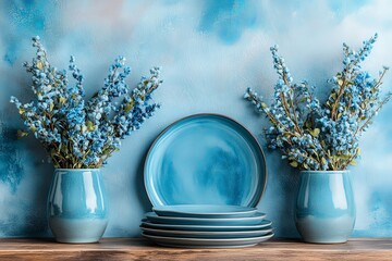 Stylish blue ceramic plates with floral arrangements on a wooden table in a bright setting
