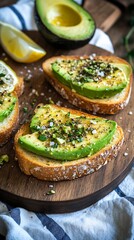 Avocado toast with lemon and parsley on a wooden board.