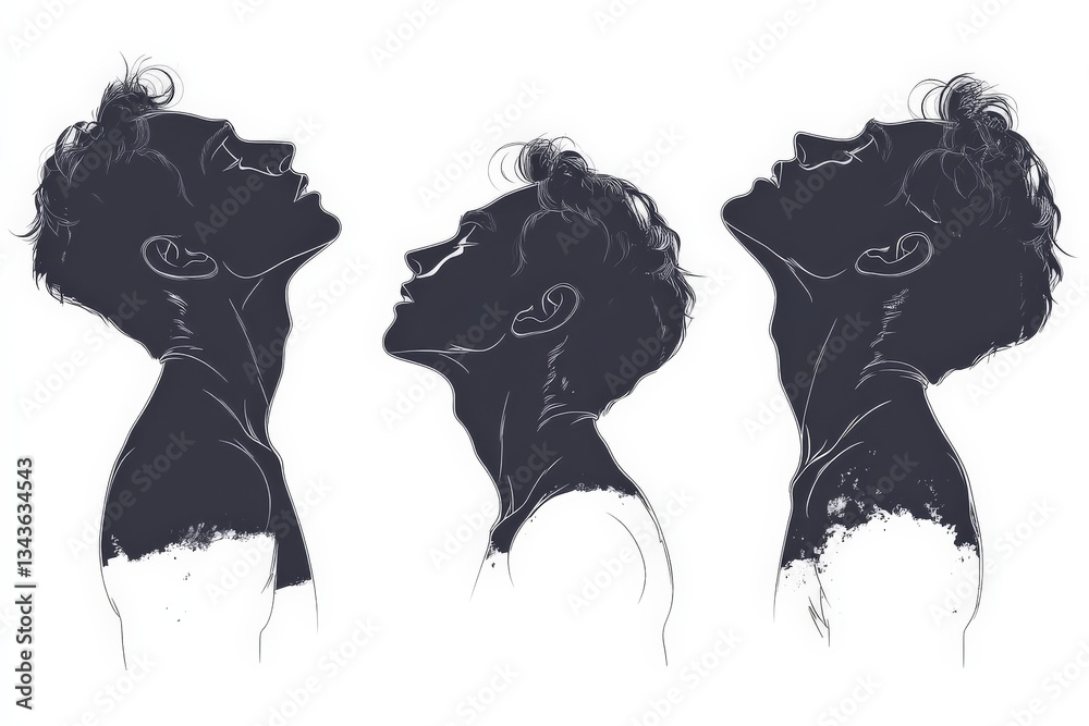 Poster Unique artistic representation of a young man's profile in three stages showcasing introspection and emotion