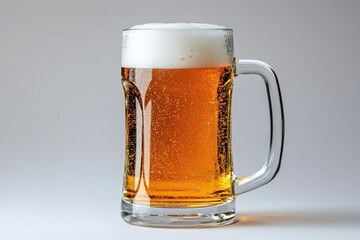 Refreshing cold beer served in a clear glass mug with a frothy head on a neutral background