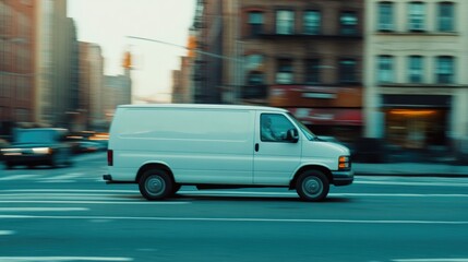 White Cargo Van Driving Through City Streets