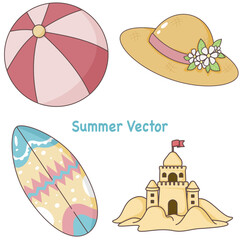 This image shows four summer-themed icons a beach ball, a sun hat, a surfboard, and a sand castle.