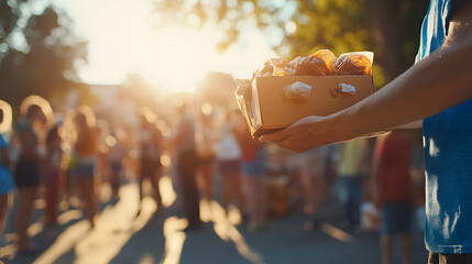Compassionate individual holding food boxes as a service volunteer to distribute nourishing meals to families in bright community setting.