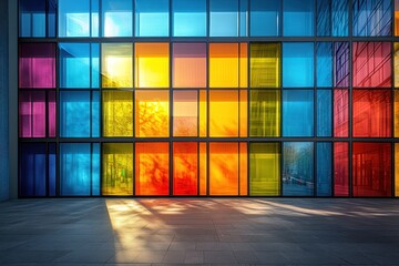 Colorful modern building facade with vibrant windows, city view, sunlight
