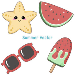 This image features four summer icons a starfish with a face, a watermelon slice, sunglasses, and a popsicle.