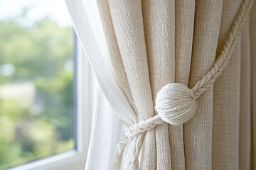 Elegant white curtains tied back with a decorative knot on a sunny day near a window overlooking a lush garden view