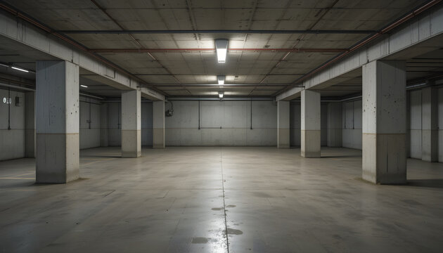 he basement room on the bottom floor of the building's parking lot is empty in an industrial cast concrete