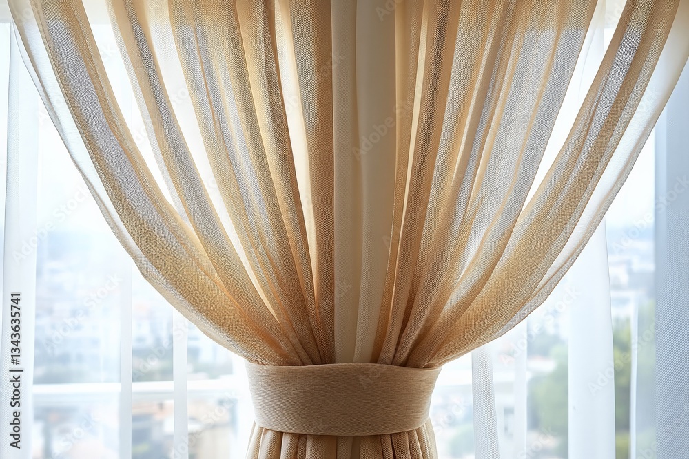 Aufkleber soft beige curtains gently draping in a sunlit room with a city view through the window